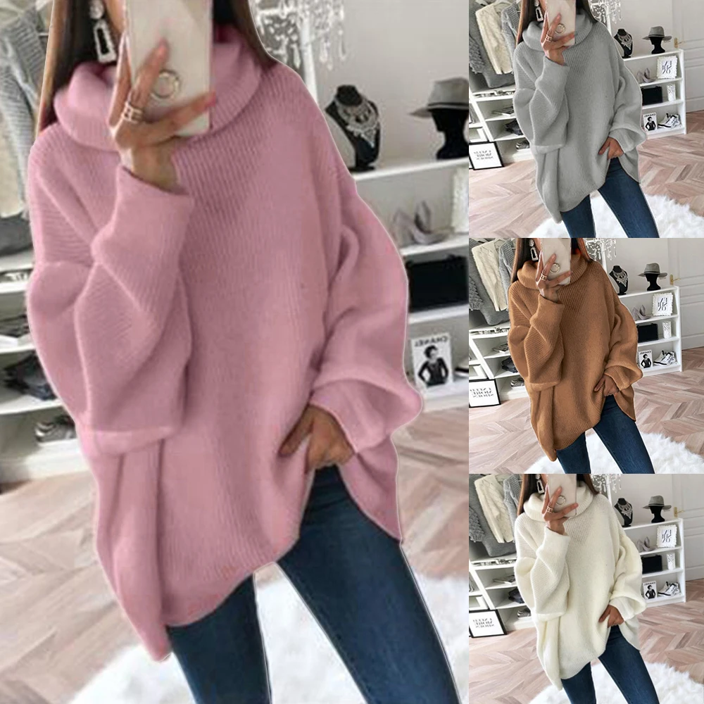WENYUJH Fashion Plus Size 2XL Knitted Sweaters And Pullovers Women Loose Turtleneck Long Sweter Femme Knitwear Jumpers Tops