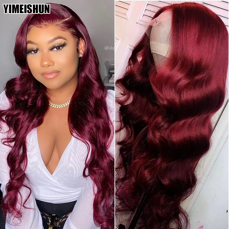 

Yimeishun волосы, волнистые волосы, парик из человеческих волос на застежке, 4x4, парик из безклеевых человеческих волос, бордовый парик с t-образн...