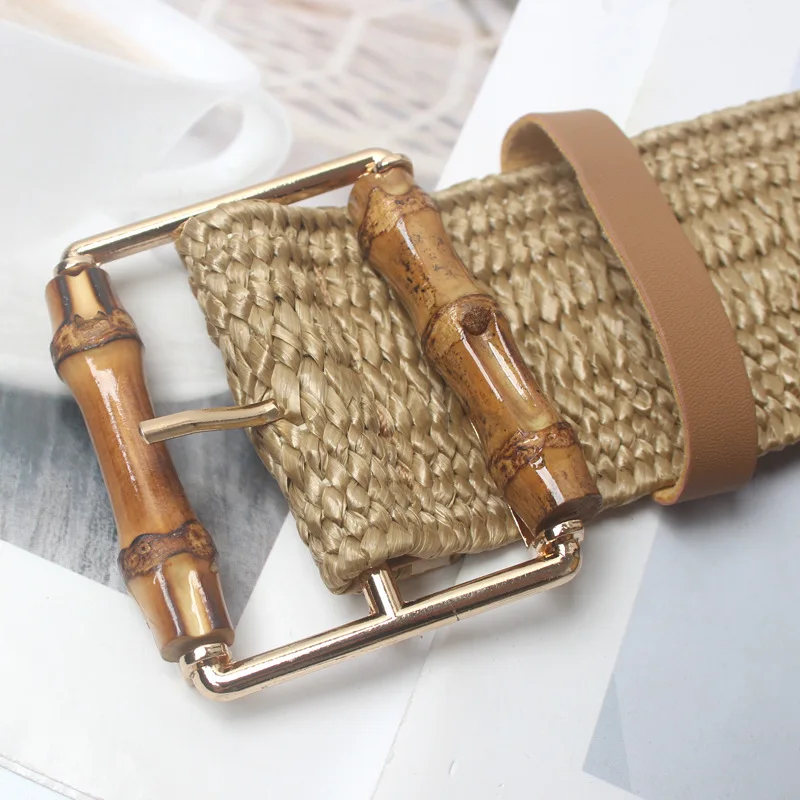 Женский квадратный ремень Winfox плетеный с деревянной пряжкой эластичный из