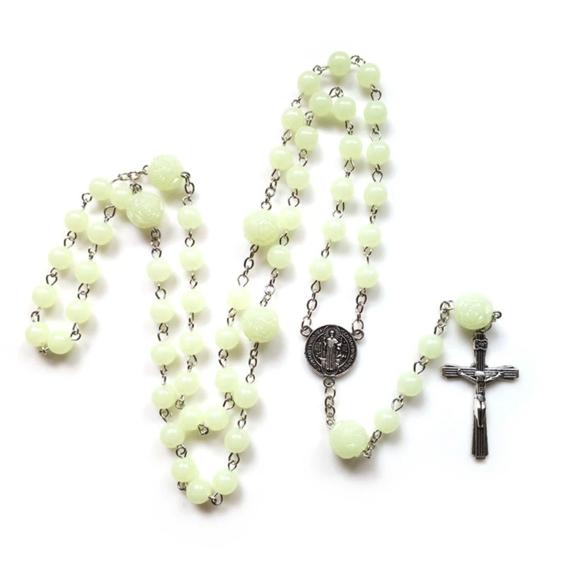 

E56A со светящейся бусиной Cross Длинная цепочка для молитвы ожерелья Holy Card & Cross распятие 82 см