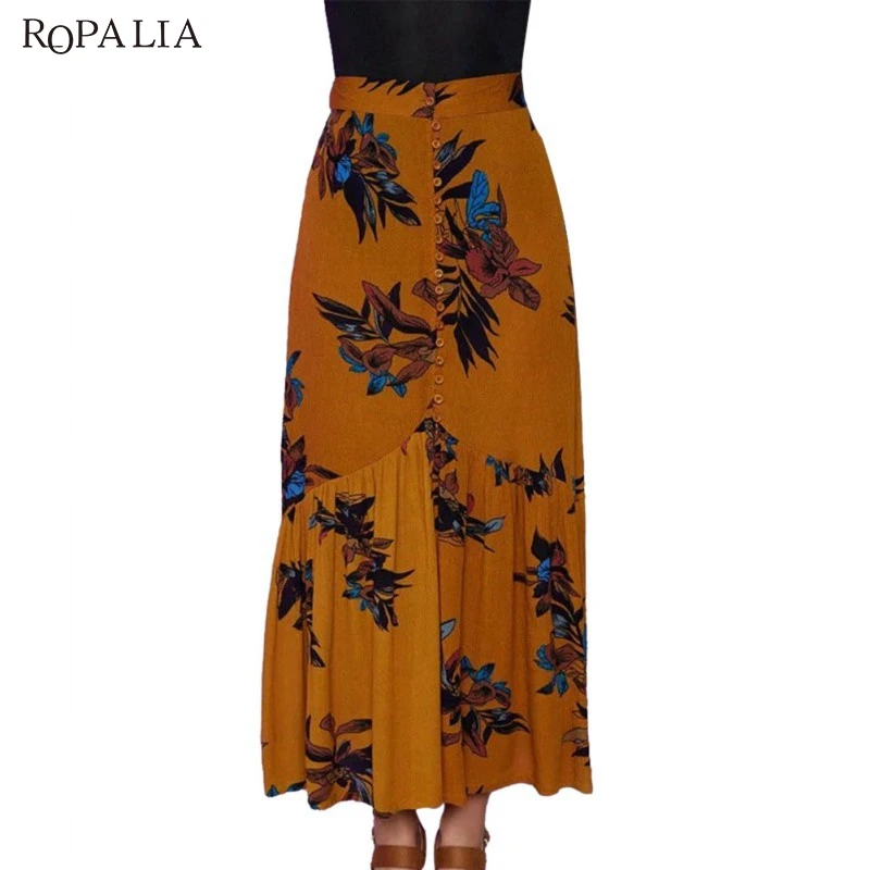 2020 женская летняя юбка с высокой талией и принтом в стиле бохо Длинная разрезом