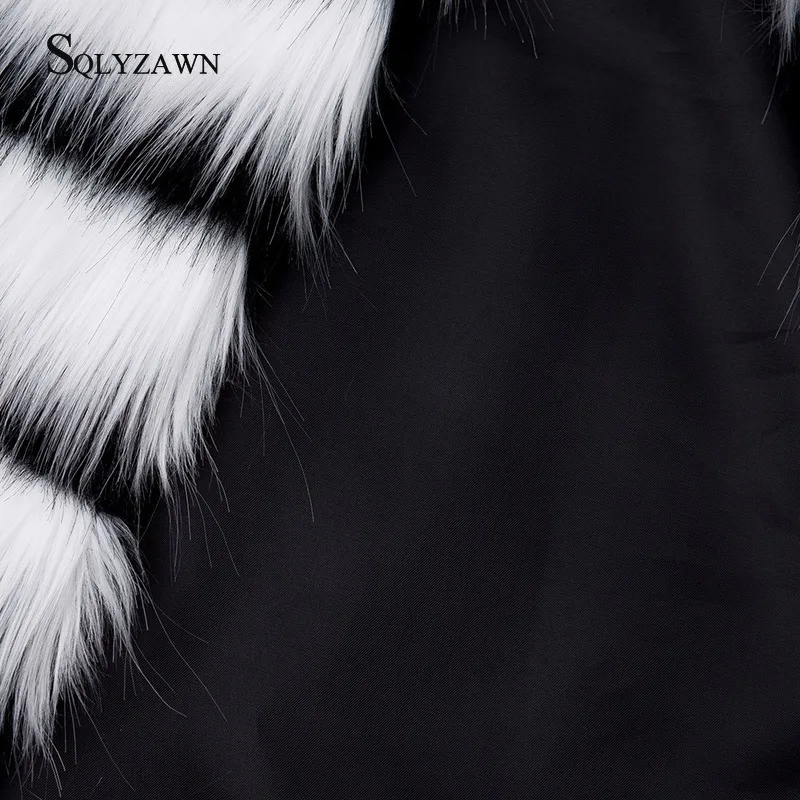 

Women Fashion Black White Stripe Patchkork Faux Fur Jackets Coat Winter Warm Thick Furry Fox Fur Shaggy Luxury Soft Fur Coats