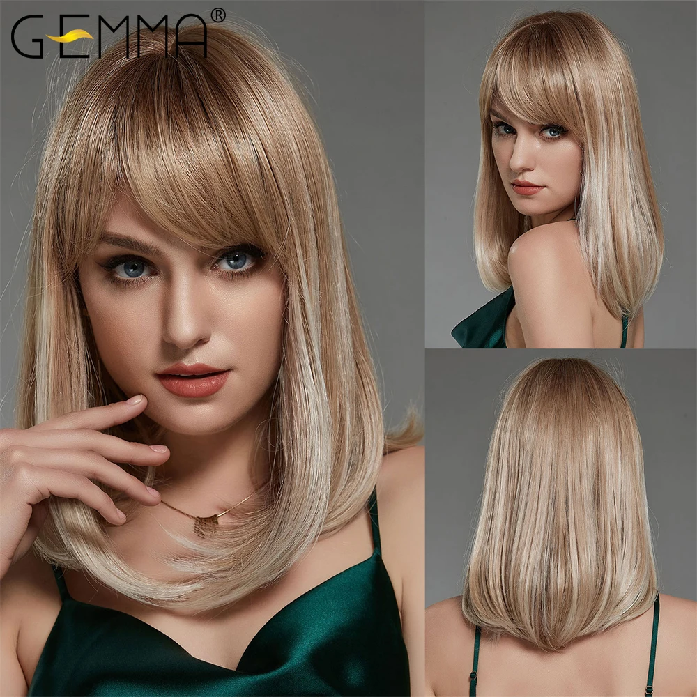 

GEMMA Ombre Brown Blonde BoBo Synthetic Wig with Bangs Shoulder Length Straight Wigs for Women Cosplay Daily Hair Heat Resistant