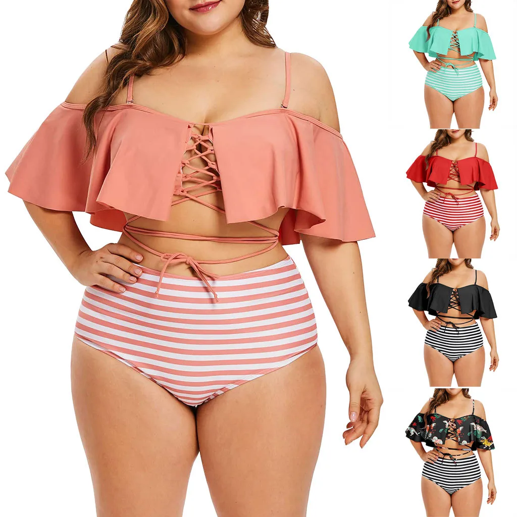 Бикини 2020 женский купальник с оборками и высокой талией в полоску открытыми