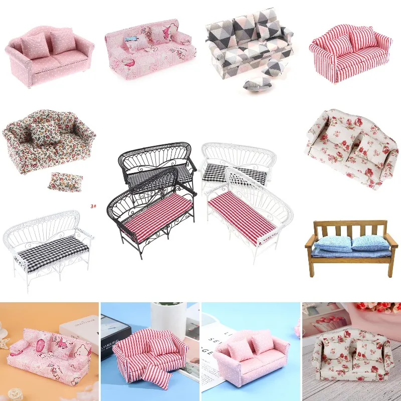 

Hot Sale！1:12 Dollhouse Miniature Floral Striped Sofa Living Room Garden Double Chair Double-Seat Sofa Cushion Pillow Room Decor
