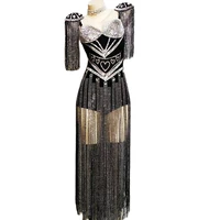 skinny stretch women black bodysuits prom party celebrate costume shining diamonds silver tassel jumpsuit nightclub stage wear