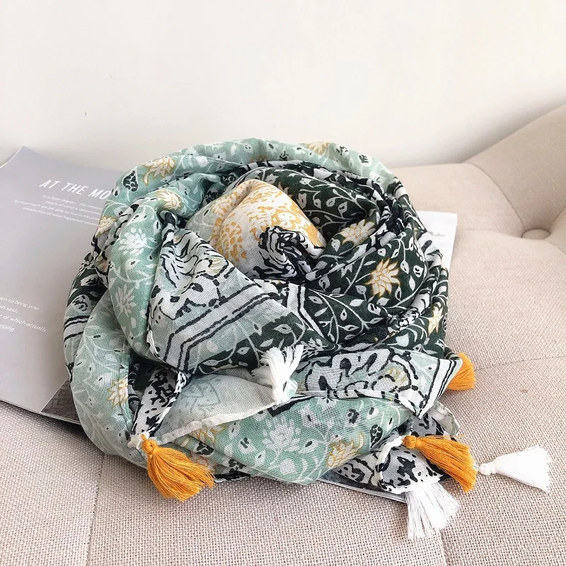 Женский шарф-пашминовый палантин с кисточками геометрическим рисунком 2021 шаль