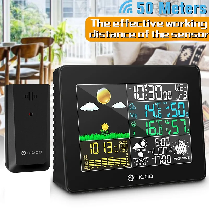 

DIGOO DG-TH8868 цифровой датчик температуры и влажности Метеостанция Барометр цифровой гигрометр Повтор Будильник Календарь