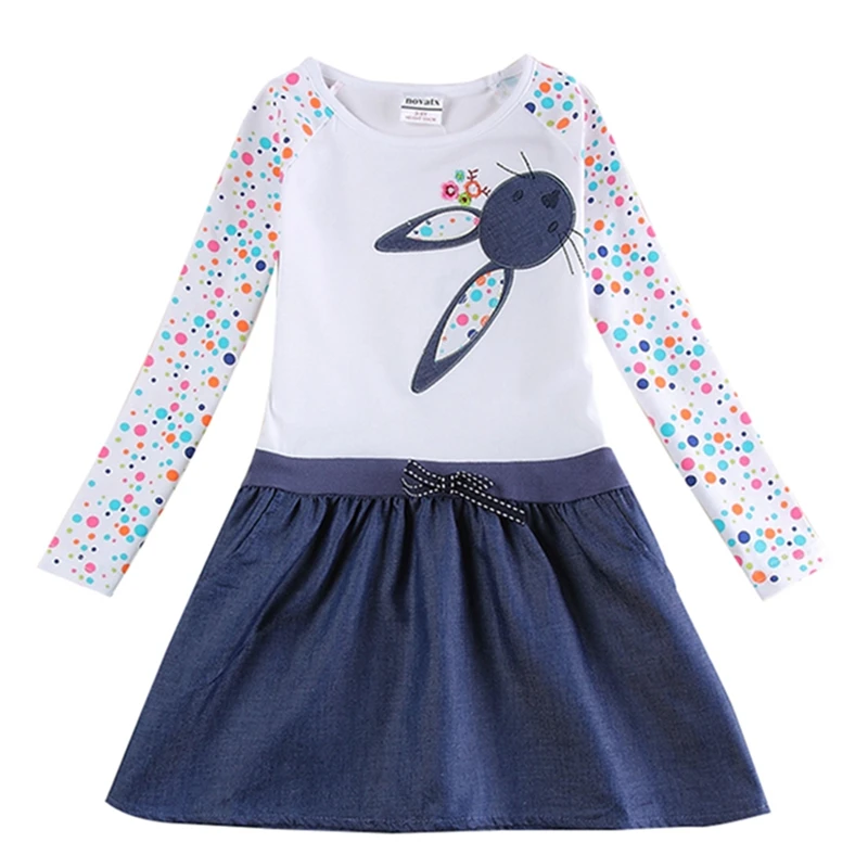 Платье с длинными рукавами и вышитым кроликом для девочек хлопковое осеннее