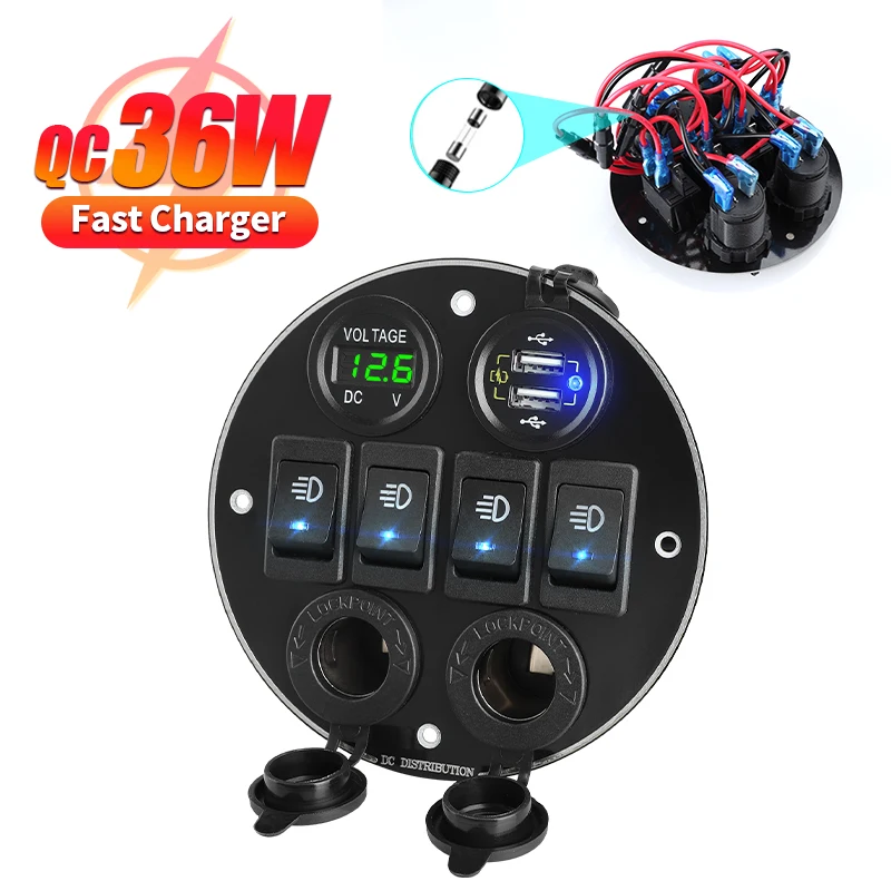 

4 Gang Rocker Switch Panel Fast Charging Dual USB Port QC Charger Cigarette Lighter type c for Phone Waterproof Voltmeter 12V