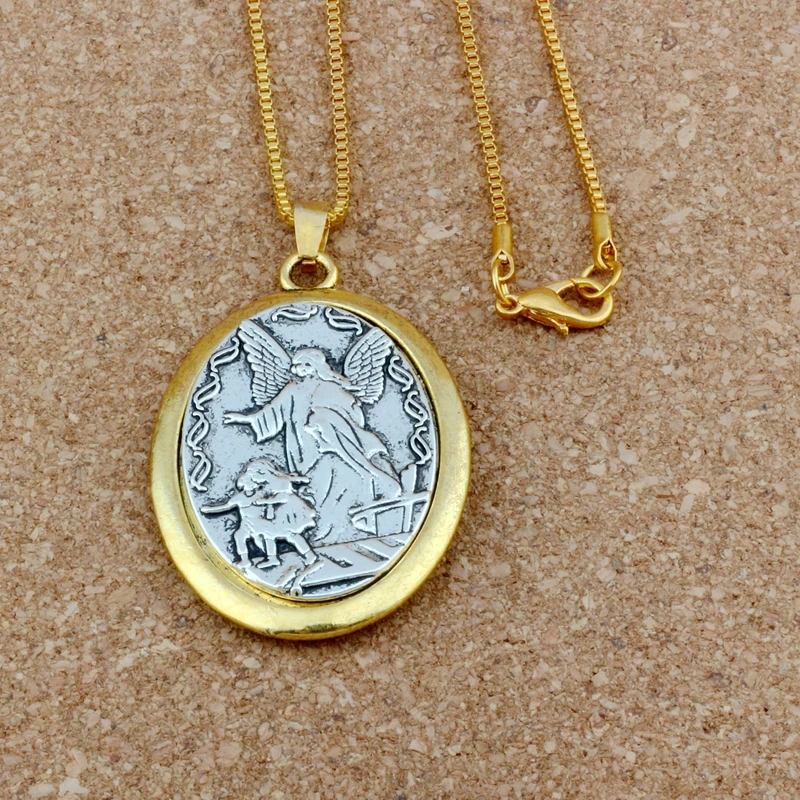 

10pcs Two - Tone Catholic Patron San Michael The Archangel Medal Religious Pendant Necklaces 23.6 Inches 31x47.5mm A-548d