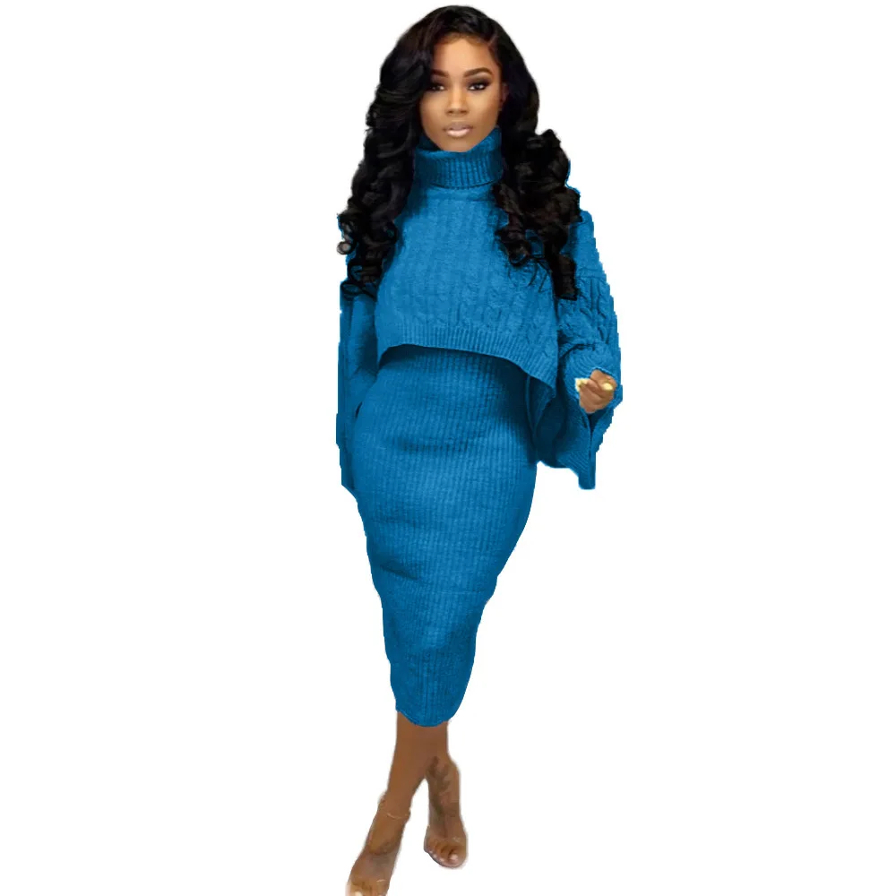 Blue Autumn Winter Knitted Sweater Two Piece Set Turtleneck Long Sleeve Loose Crop Top+ Bandage Midi Tank Dress Plus Size Tracksuit - Цвет: Blue