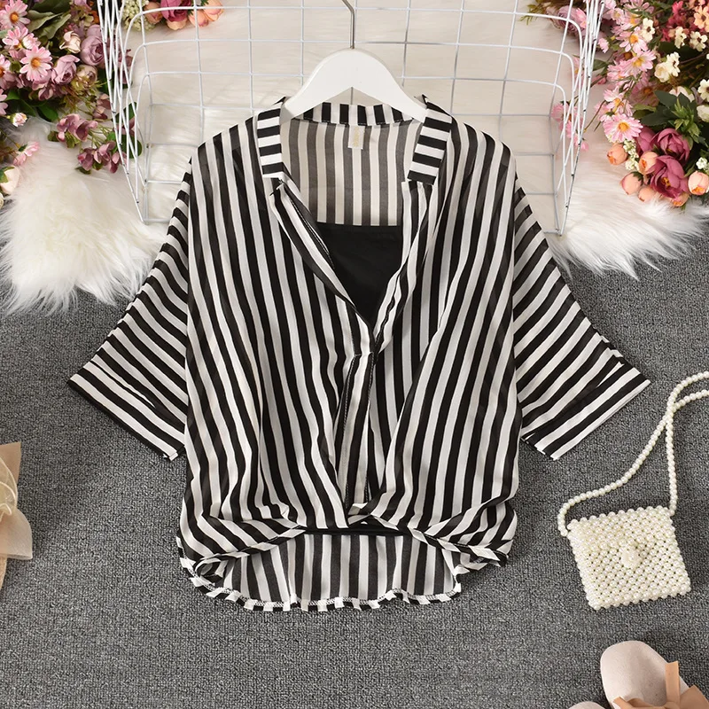 

Casual Striped Female Shirts Outwear Tops Summer Autumn New Women Chiffon Blouse Office Lady V-neck Button Loose Clothing