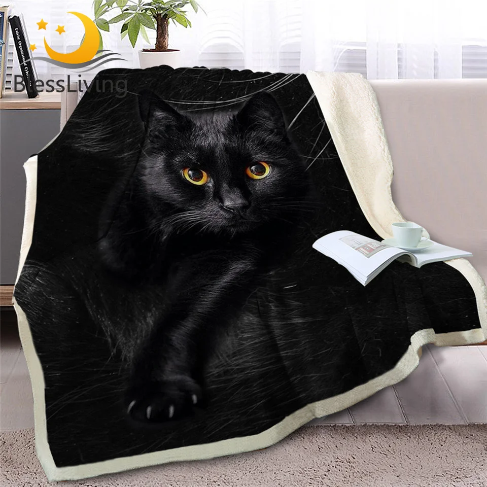 BlessLiving-Manta de Sherpa con estampado de gato negro para sofá, colcha fina de felpa 3D para mascotas, 150x200cm