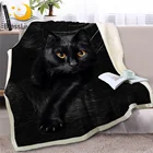 Черное плюшевое одеяло с 3D рисунком кошки на диван, одеяло из шерпы с животными, тонкое покрывало для питомцев 150x200 см