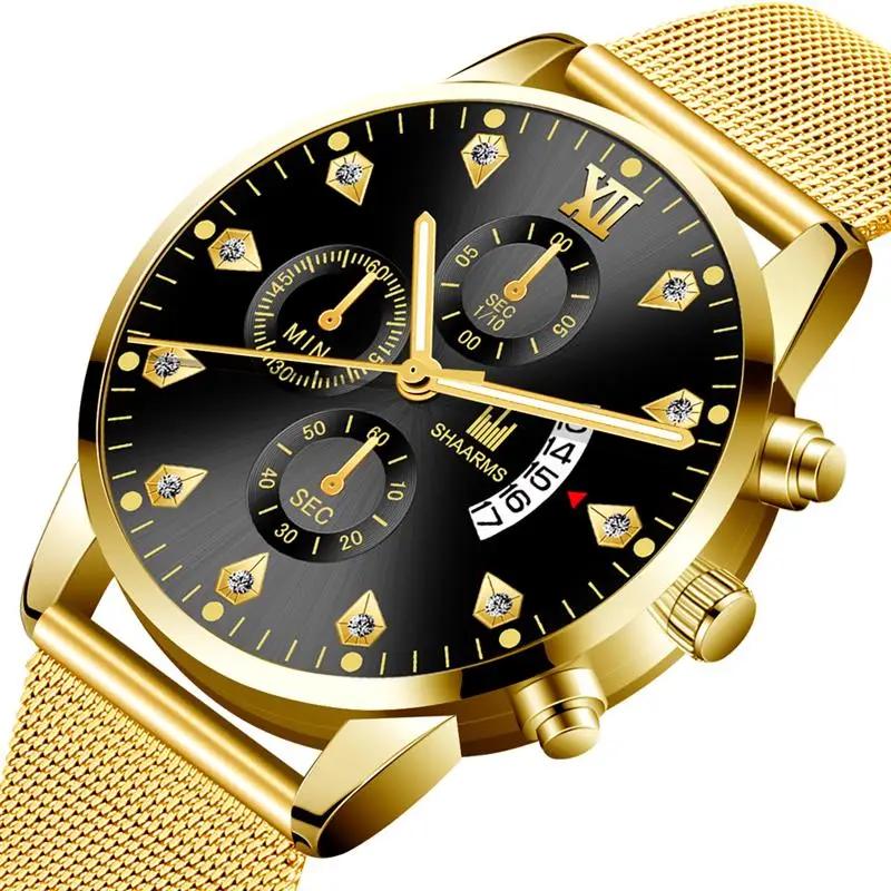 2019 мужские часы роскошные черные с сетчатым ремешком кварцевые из нержавеющей