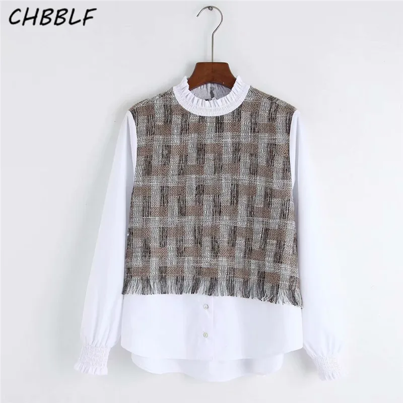 CHBBLF women elegant tweed patchwork blouse long sleeve ruffled collar shirts sweet preppy style female casual chic tops C9716 | Женская