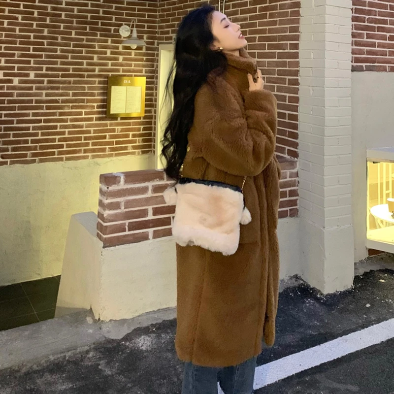 

Long Teddy Bear Coat Women Zipper Warm Pocket Turtleneck Collar Sheepskin Jacket Parkas Female Brown Thicken Lambswool Coat Lady