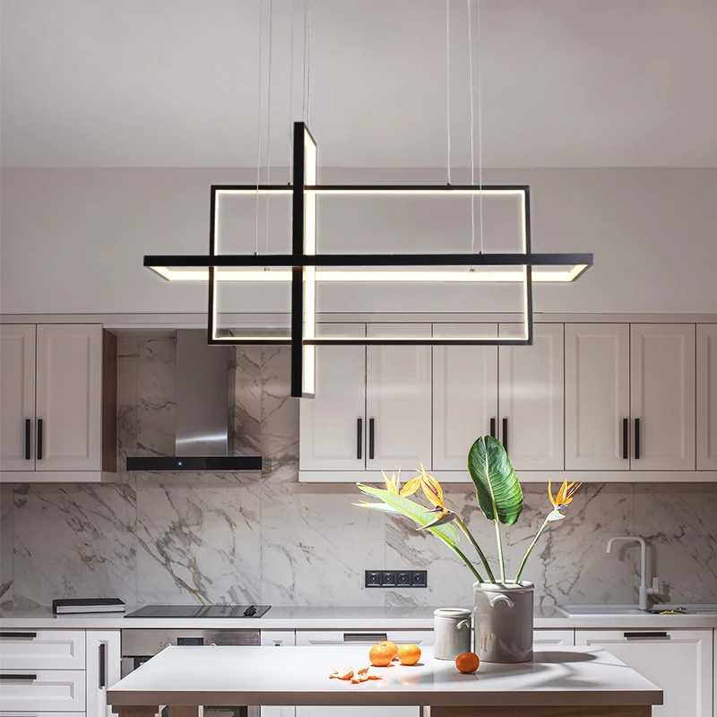 

Minimalist Luxury Design Black Gold White LED Dimmable Rectangle Chandelier for Bedroom Living Dining Room Loft Home Nordic Deco