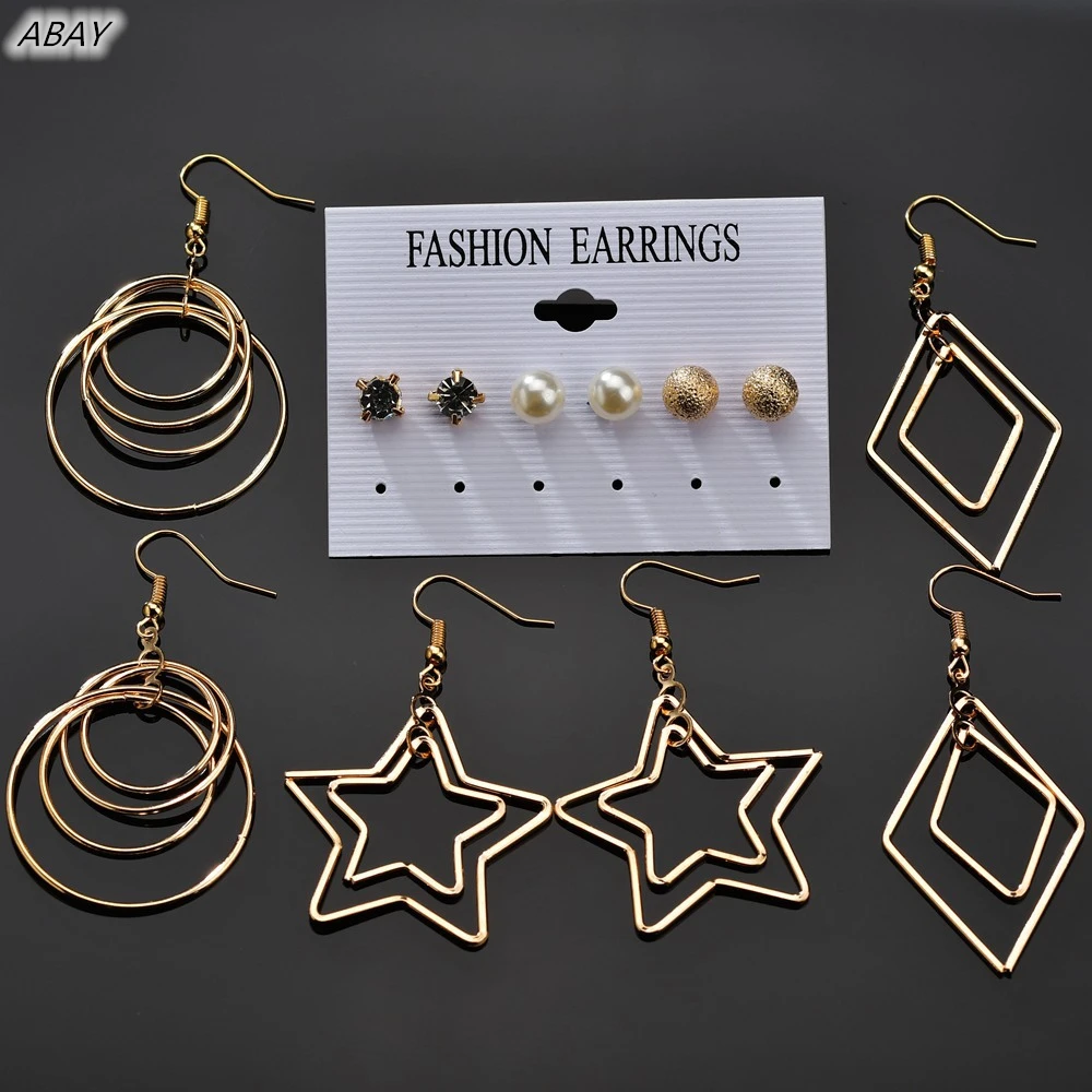 Абая 6 пар преувеличенные полые геометрические круглые квадратные звезды жемчуг