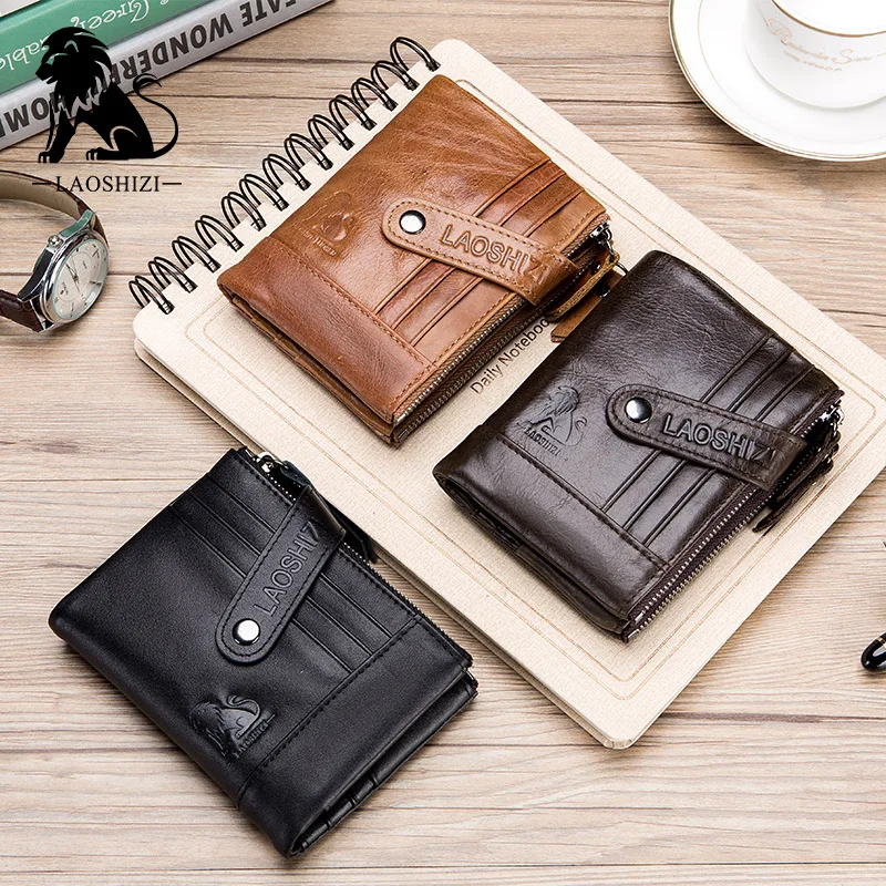 

Genuine Leather Wallet Cowhide Leather Men Wallets Double Zipper Short Purse Coin Pockets Anti RFID Card Holders Wallet Men