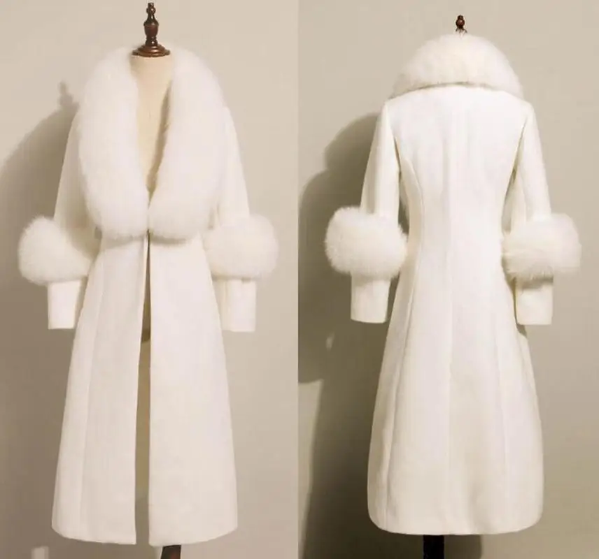 

Luxury Women Ladies Beige White Cashmere Wool Long Coat Real Fox Fur Collar Slim Fit Winter Parka Coat Jacket Wool Coat Outwear