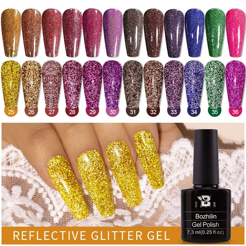 

BOZLIN Reflective Glitter Gel Shiny Rose Red Soak Off UV Gel Nail Polish Varnish Nails Art Tools Manicure Laquer Holographic