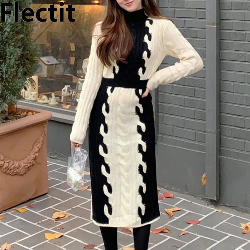 Flectit High Fashion Women Color Block Ribbed Knit Turtleneck Long Sweater Dress Sleeve Fall Winter Lady Outfit * | Женская одежда