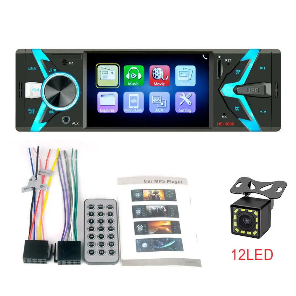 With 12 LED Camera Автомагнитола 1din FM 4," автомобильный аудио стерео Bluetooth Aux Входной приемник SD USB Поддержка камеры заднего вида управление рулевым колесом - Цвет: With 12 LED Camera