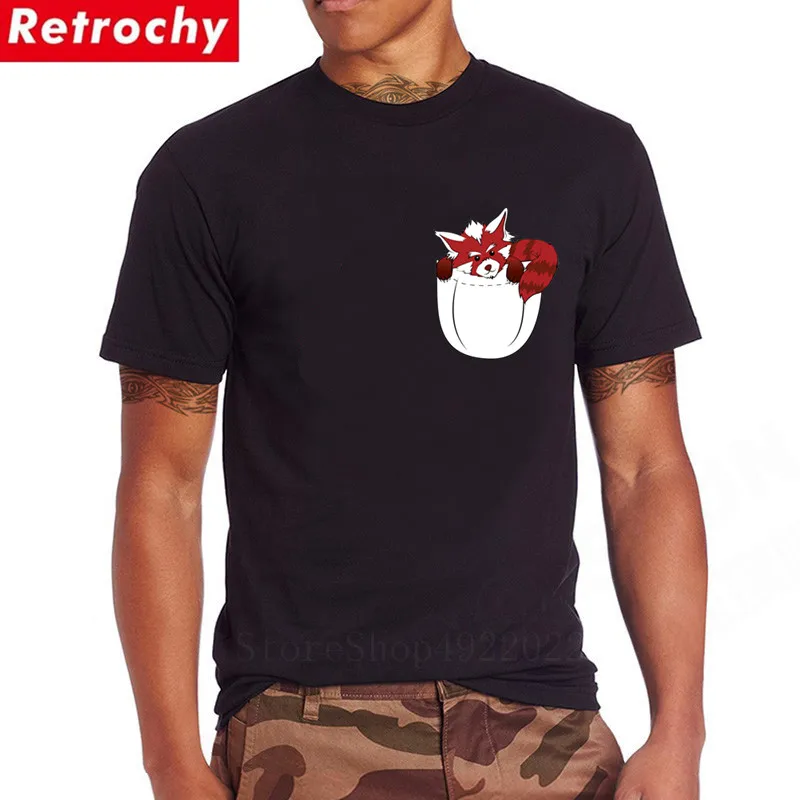 Красная Дизайнерская мужская футболка Kawaii с карманом в виде панды летняя