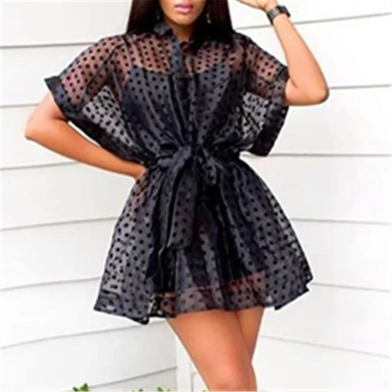 

2 PCS Summer Women Organza Dress See Through Cover + Spaghetti Strap Sexy Short Sleeve Bow Waisted for Nightclub Evening Party