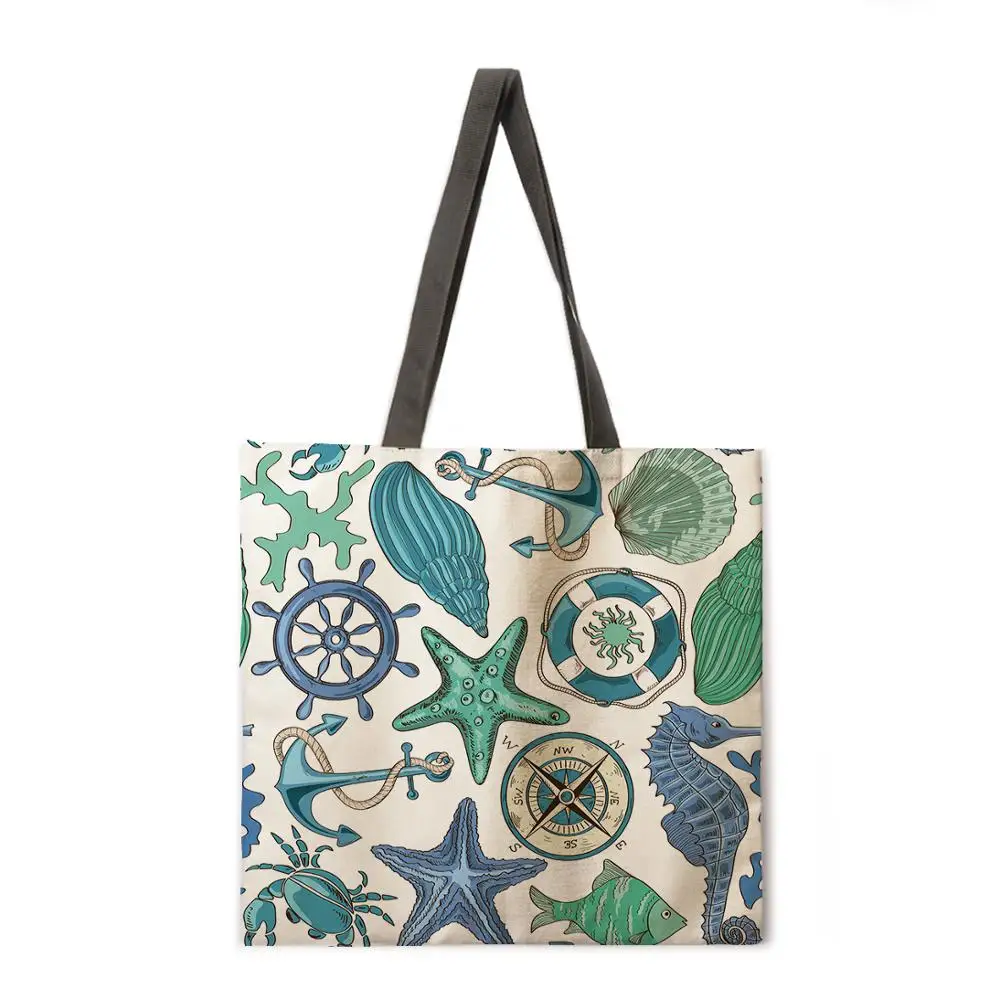 Beach theme tote bag Shoulder bag Linen fabric casual tote bag Foldable shopping bag Reusable beach bag