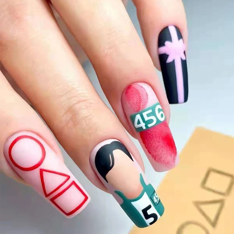 

W073 Numbers Mark Design Press on Pink Nails XL Length