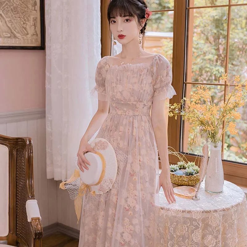 

2021 Summer New Korean Sweet Dress Women French Square Collar Floral Printed Ruffles Romantic Vestidos Elegant Fairy Midi Dress