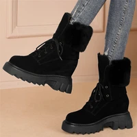 warm rabbit fur creepers women black genuine leather high heel ankle boots female winter round toe platform pumps casual shoes