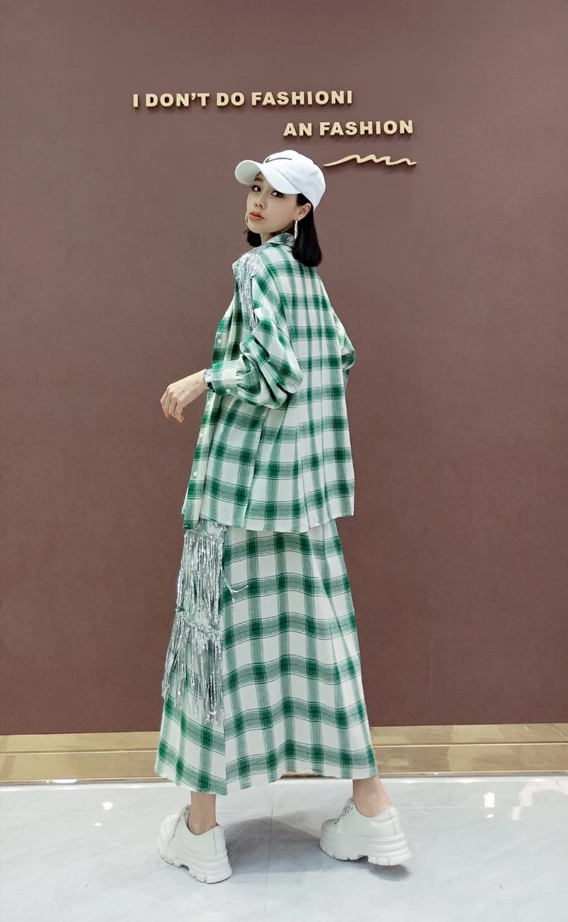 

Trendy brand skirt suit women autumn new fashion fragrance suit Korean version of plaid top+long skirt women two-piece small
