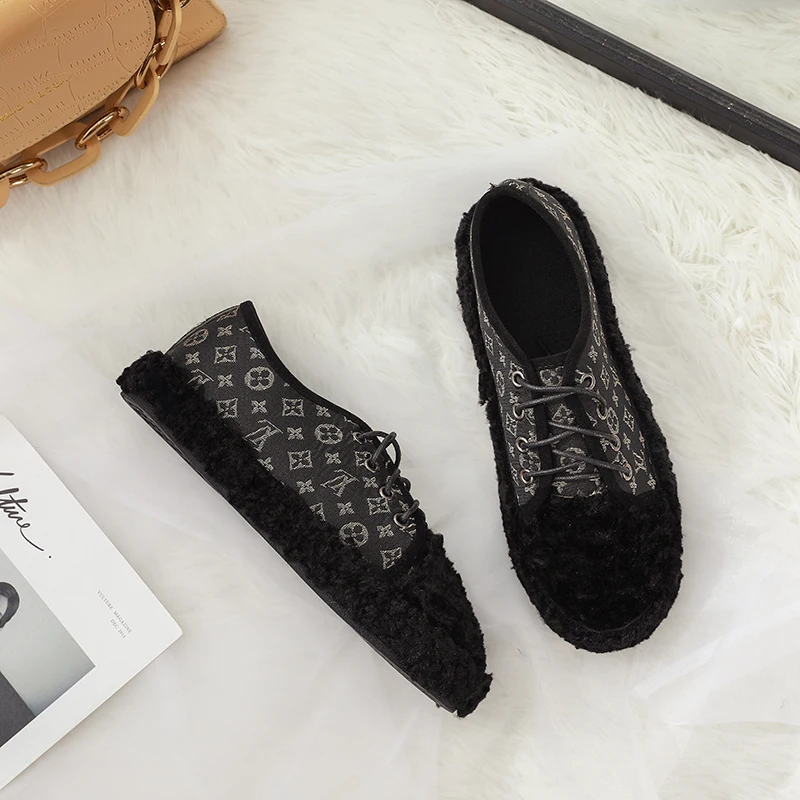 High Quality Autumn Shoes Woman Flat Black Fur Plush Loafers Women Casual Lace Up Zapatos Mujers |