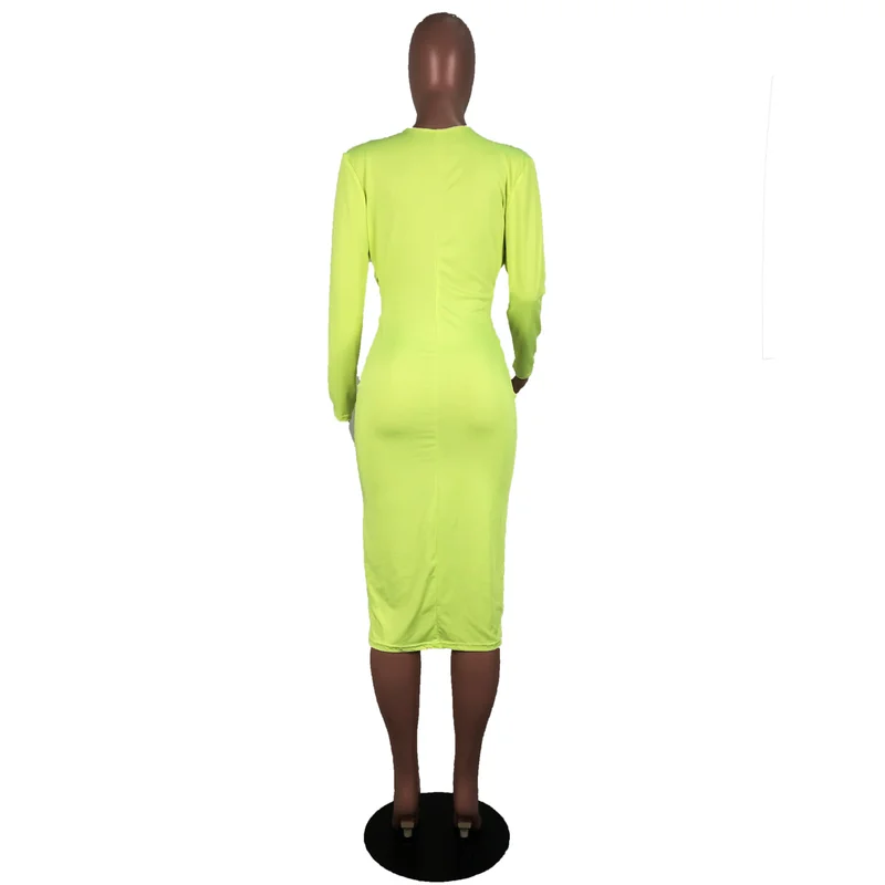 

HAOOHU 2019 women summer long sleeve deep v-neck knee length bodycon midi solid dress club night party vestido dresses 3 color