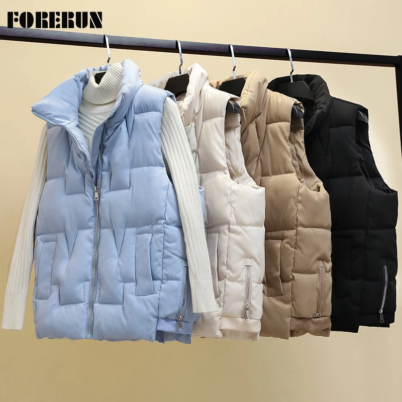 

FORERUN Vest Coat Women Sleeveless Jacket Winter Autumn Solid Bubble Bodywarmer Waistcoat Doudoune Sans Manche Femme