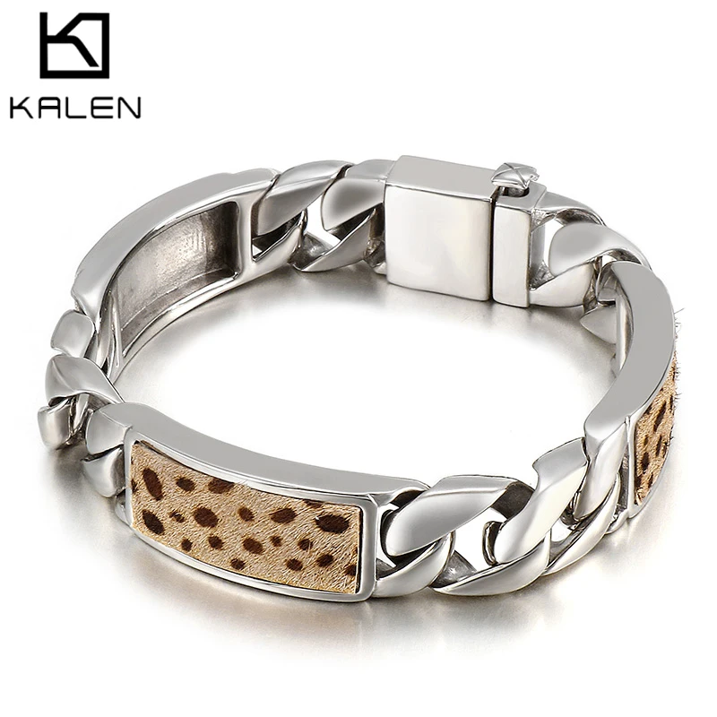 

Kalen Leopard Velvet Stitching Bracelet Men's Stainless Steel Charm Wild Bracelets Jewelry