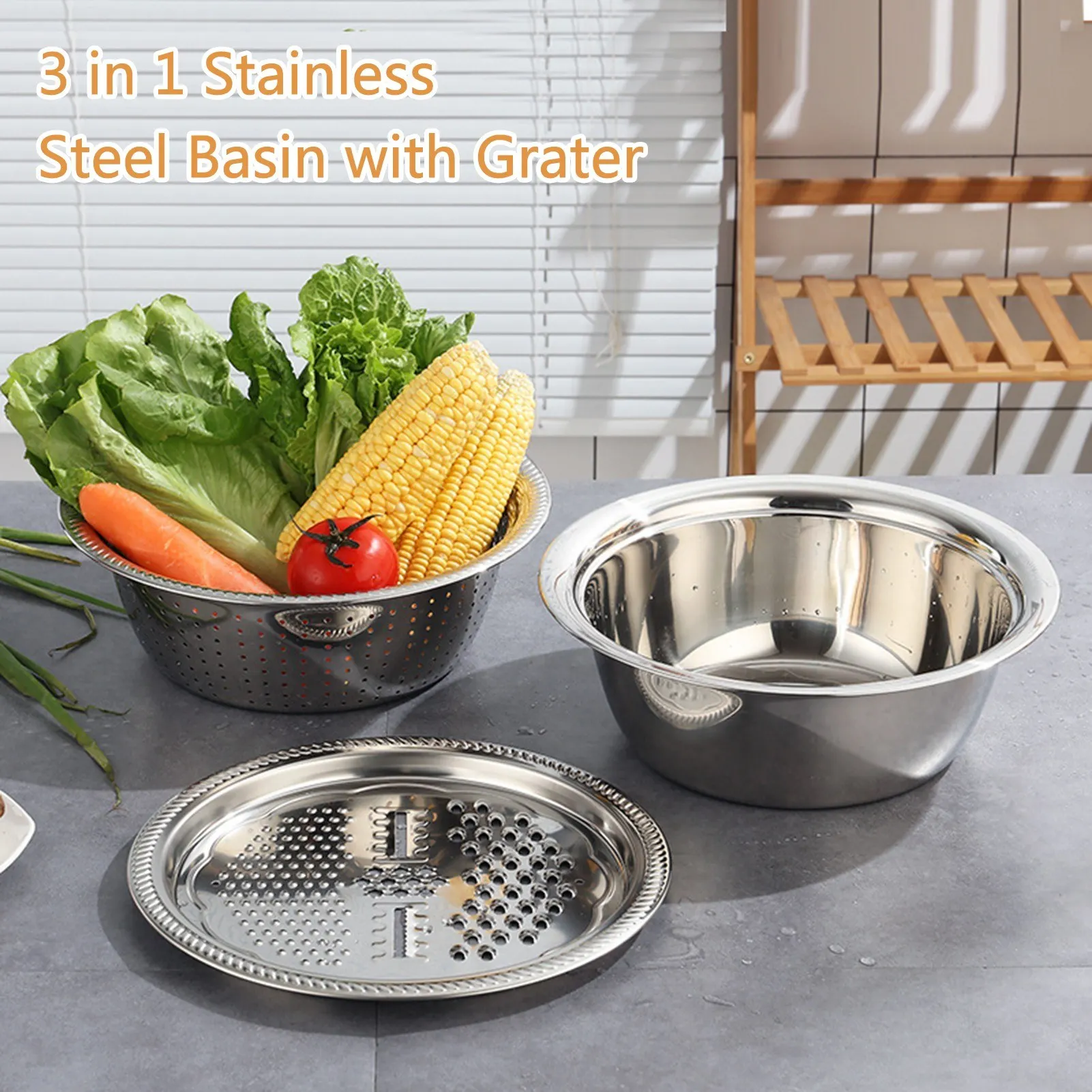 

Multifunctional Thicken Stainless Steel Basin 3 in 1 Stainless Steel Grater Solid Basin Drain Basket Washing Bowl Set