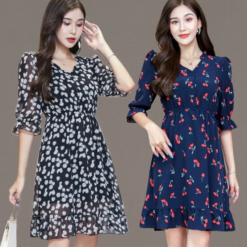 

Cute Print Chiffon Ruffles Dress Summer New Breathable Dress Mini Young Lady Slim Chic Elegant Puff Sleeve V-Neck Floral Dresses