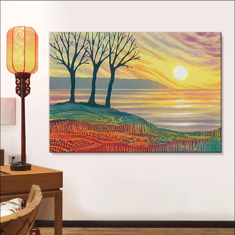 

Modern Abstract Unframed Painting Art, Landscape Canvas Painting with Frame, Sunrise Forest Poster, Horizontal Mural, Waterpro