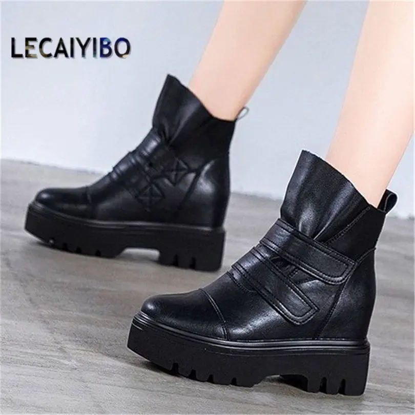 Increasing Height Military Women Cow Leather Round Toe Ankle Boots Platform Wedge High Heel Oxfords Pull On Creeper Shoes 34 -39
