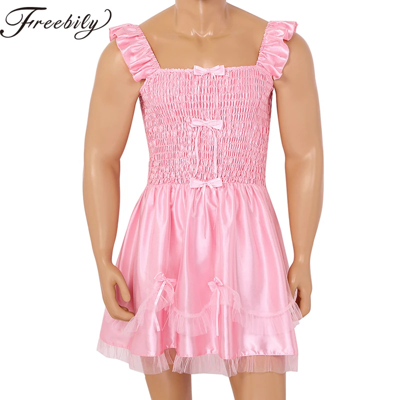 

Men Adults Sleeveless Ruffled Bodice with Ribbon Bows Stretchy Satin Sissy Dress Adult Baby Cross Dresser Costume