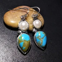 bohemia ethnic water drop blue stone earrings vintage with imitation pearls dangle earrings for women elegant wedding jewelry