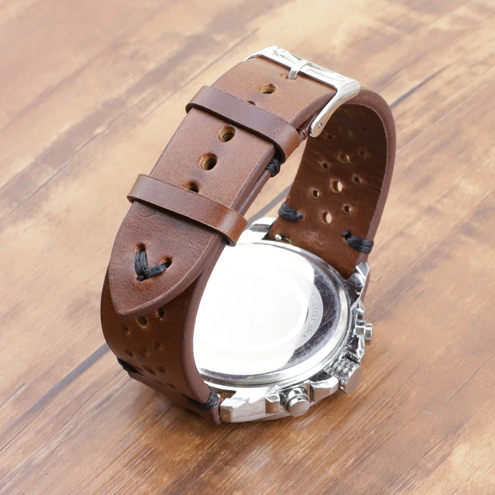 Retro Genuine Leather Watchband 18mm 20mm 22mm 24mm Calfskin Watch Straps Porous Breathable Handmade Stitching for Men