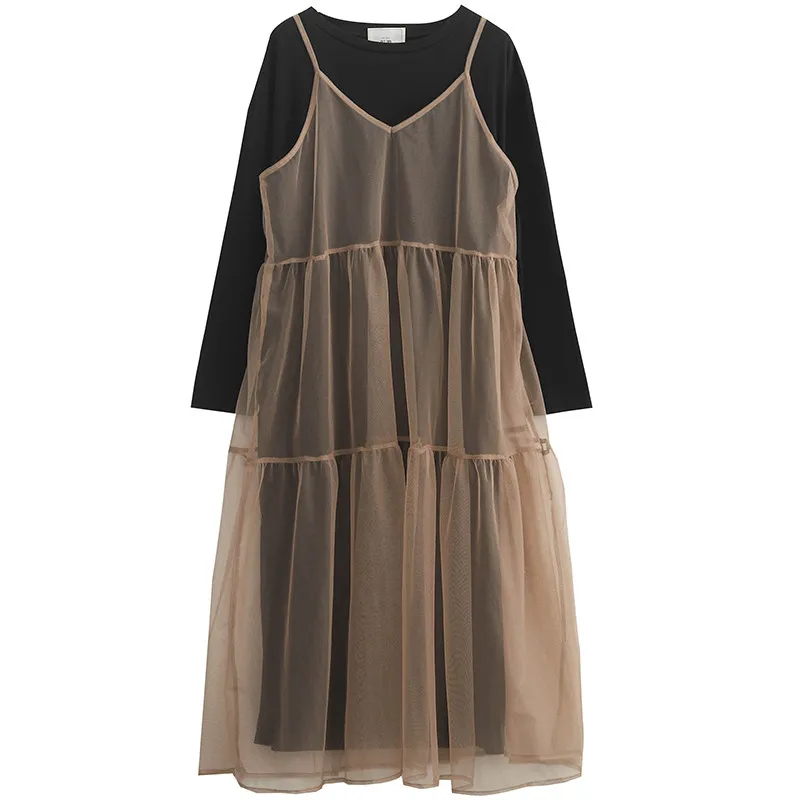 

Casual Mesh Spaghettil Strap Two Pieces Women Dresses 2020 Spring Summer New Fashion All Match Loose Dress