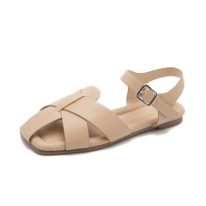 

2021 Summer Shoes Closed Toe Sandals Suit Female Beige Women's Heels Candy Colors Large Size Flat Black Fashion Low Comfort Roun