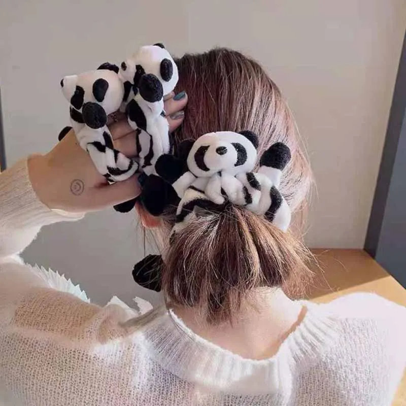 

Lovely Velvet Plush Panda Scrunchies Hair Ties Rope Cute 3D Animal Head Doll Elastic Ponytail Holder Hair Accessories